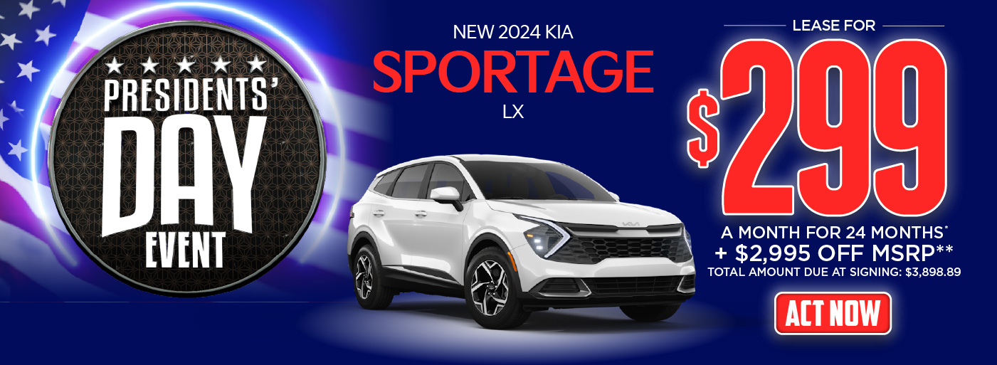 2024 Kia Sportage LX - Lease for $299 a month for 24 months* + $2,995 OFF MSRP** Total Amount Due At signing: $3,898.89 – Act Now