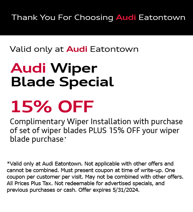 Thank You for Choosing Audi Eatontown. Synthetic Oil and Filter Change Special. Starting at $69.95. • Change Synthetic engine oil. (6qt. max.)• Install Audi Genuine Oil Filter• Check and top off brake, windshield washer and    battery fluids.View Details.*Please present coupon/offer at time of write-up. One coupon/offer per customer per visit. May not be combined with other offers. Discount is off dealer price. Excludes taxes. Not redeemable for advertised specials, previous purchases or cash. Valid at referenced dealer(s) only. 