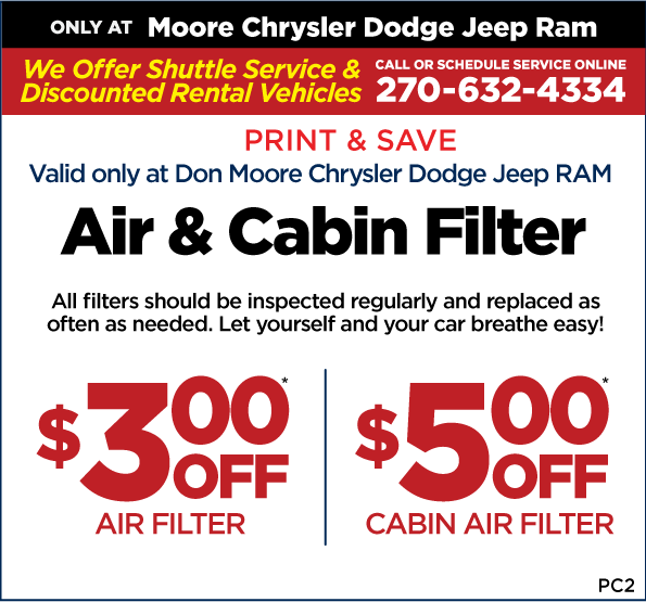 Air and Cabin Filter $3 off air filter or $5 off cabin air filter