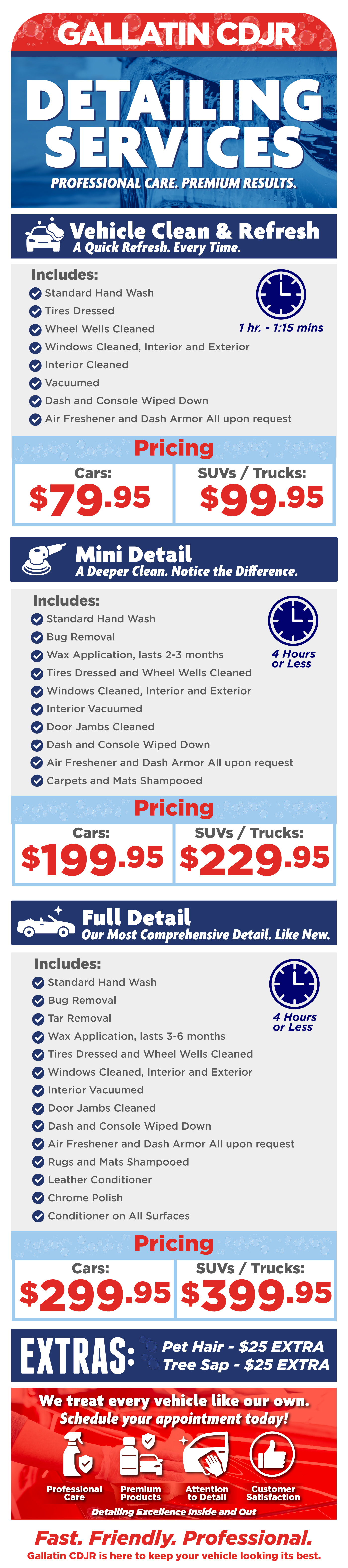 Detailing Service: Professional Care. Premium results | Vehicle Clean and Refresh | Mini Detail | Full Detail | Schedule your appointment today!