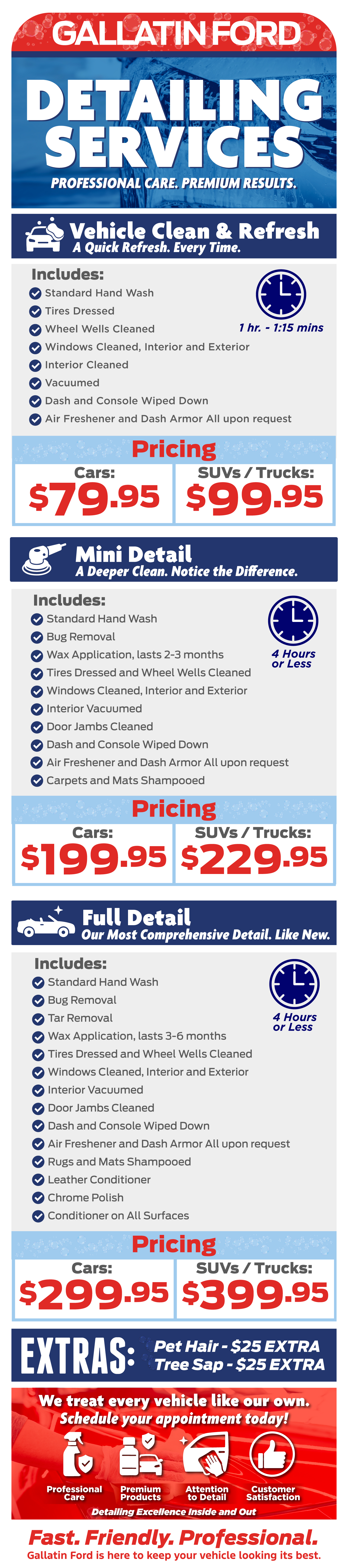 Detailing Service: Professional Care. Premium results | Vehicle Clean and Refresh | Mini Detail | Full Detail | Schedule your appointment today!