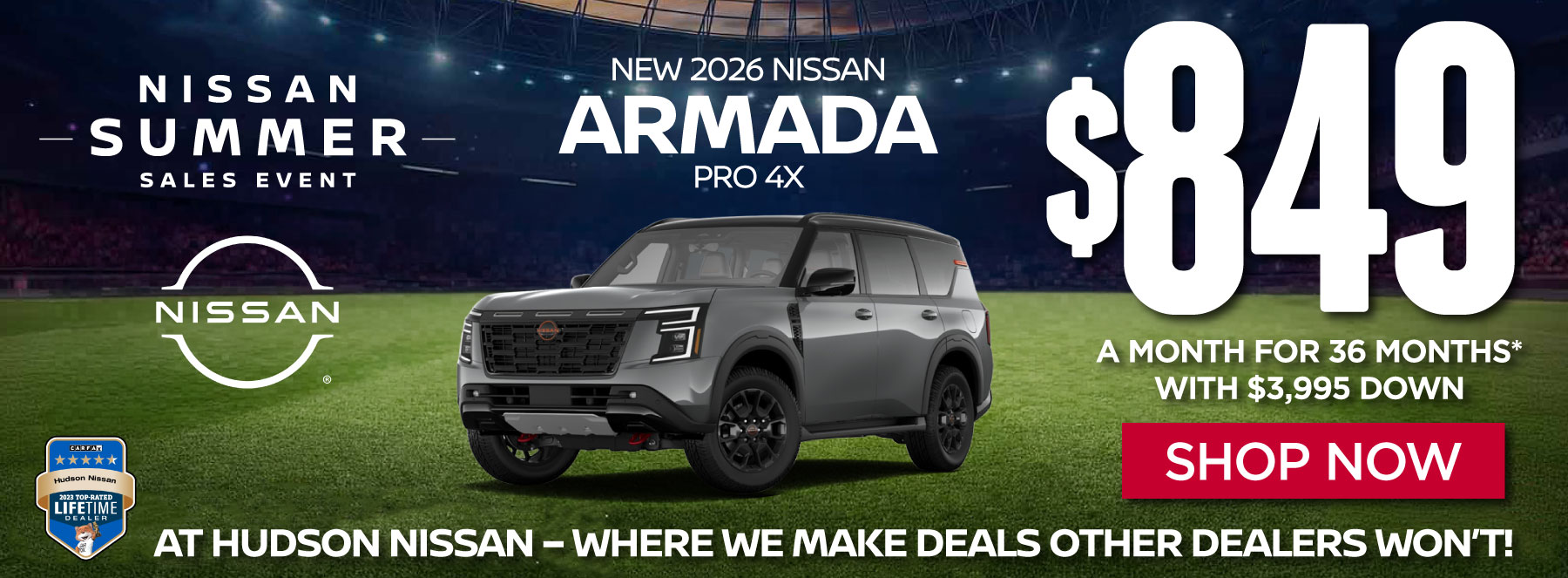New 2026 Nissan Armada PRO 4X $849 a month for 36 months* with $3,995 down - Shop Now