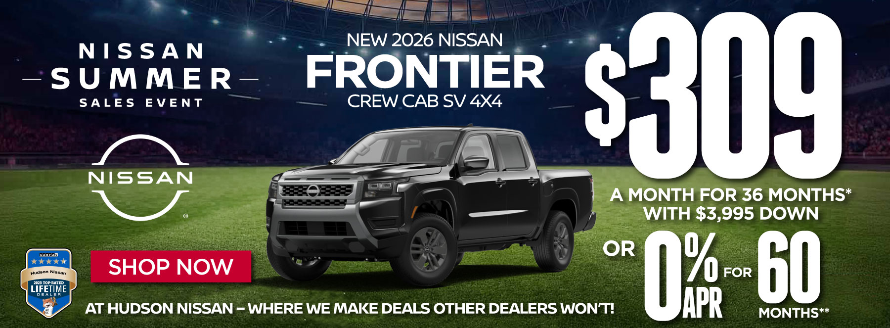 New 2026 Nissan Frontier Crew Cab SV 4x4 $309 a month for 36 months* with $3,995 down or 0% APR for 60 Months** - Shop Now