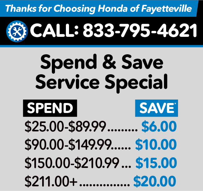 Thank you for choosing Honda of Fayetteville - Spend and Save Service Special