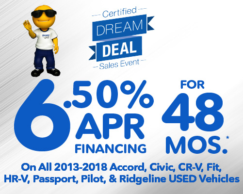 6.50% APR Financing for 48 months on all 2013-2018 Accord, Civic, CR-V, Fit, HR-V, Passport, Pilot, and Ridgeline Used Vehicles