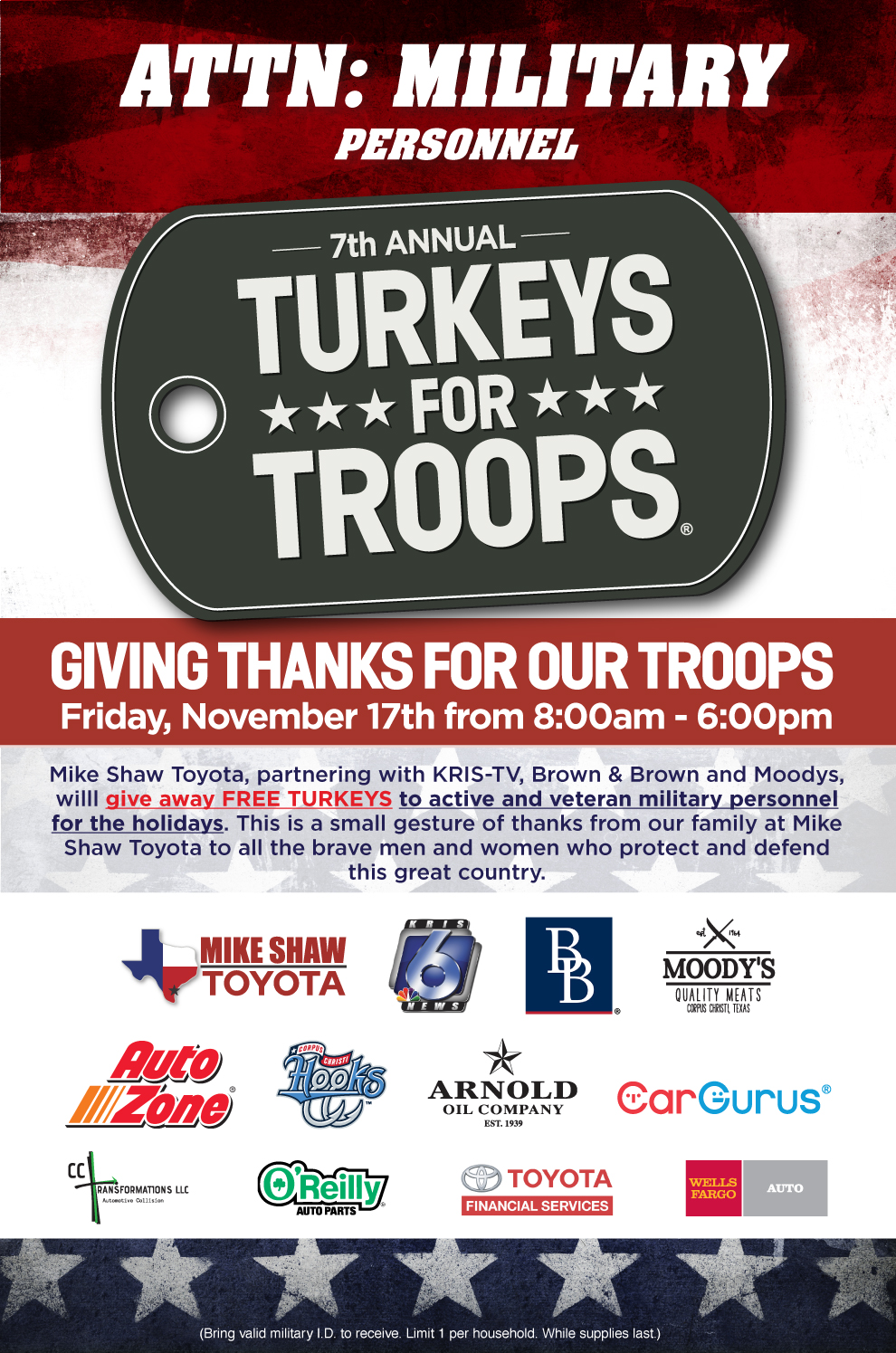 Corpus Christi Hooks on X: Sammy joined dozens of volunteers today at Mike  Shaw Toyota for #TurkeysForTroops, handing out free turkeys to military  personnel!  / X