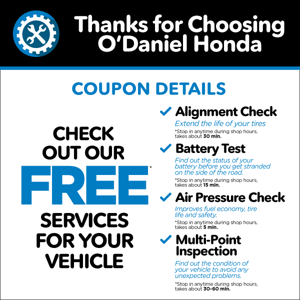 Check out our FREE services for your vehicle - Alignment Check, Battery Test, Air Pressure Check, Multi-point Inspection