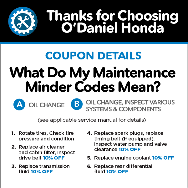 What do my Maintenance Minder Codes Mean? - A. Oil Change B. Oil Change, Inspect Various Systems & Components - 10% off replacements