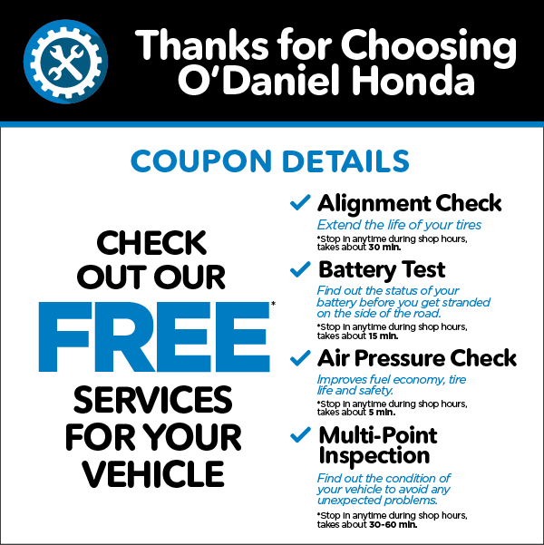 Check out our FREE services for your vehicle - Alignment Check, Battery Test, Air Pressure Check, Multi-point Inspection