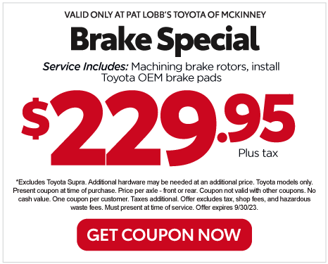 VALID ONLY AT PAT LOBB'S TOYOTA OF MCKINNEY - Toyota Windshield Wiper Blade Set Starting at: $29.95 plus tax* *Cannot be combined with other offers. Limit one coupon per customer. Mustpresent coupon at time of purchase. Does not apply to previous purchases. Get Coupon Now.