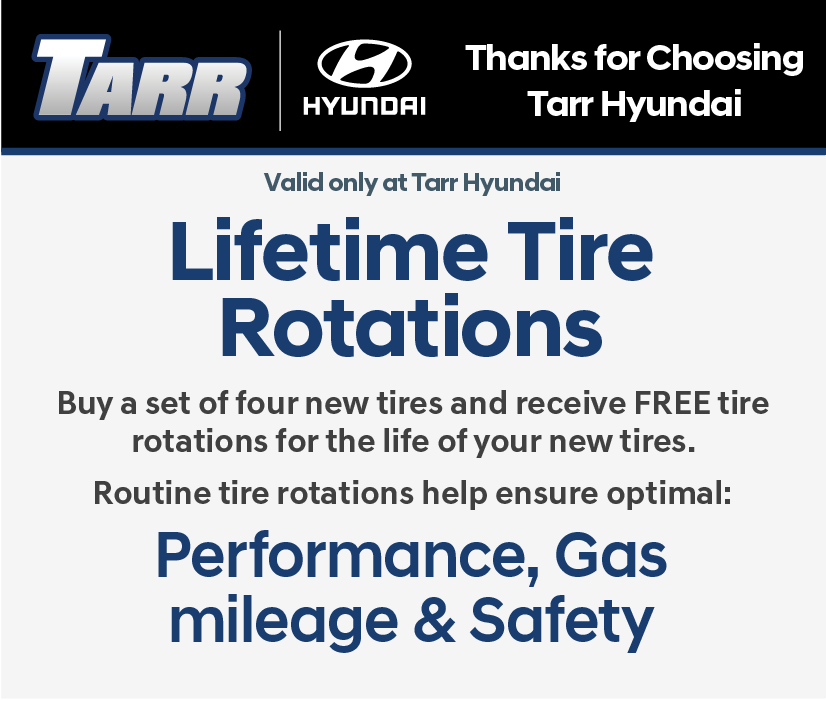 Lifetime Tire Rotations. Buy a set of four new tires and receive FREE tire rotations for the life of your new tires. Routine tire rotations help ensure optimal: Performance, Gas mileage & safety 
