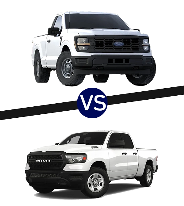White 2024 Ford F-150 being compared to White 2024 RAM 1500 with no background